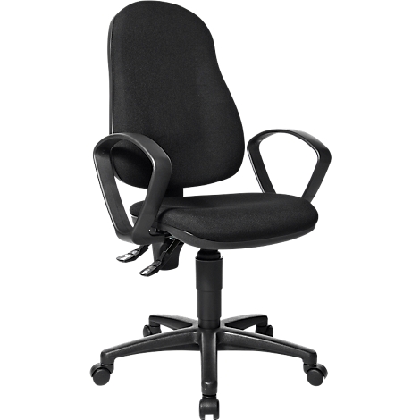 Chaise de bureau noire avec dossier, accoudoirs et cinq roulettes. Hauteur réglable.