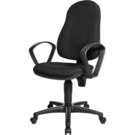 Chaise de bureau noire avec dossier haut et accoudoirs sur roulettes.