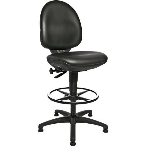 Chaise de bureau noire, dossier haut, réglable en hauteur. Pied en métal, repose-pieds.