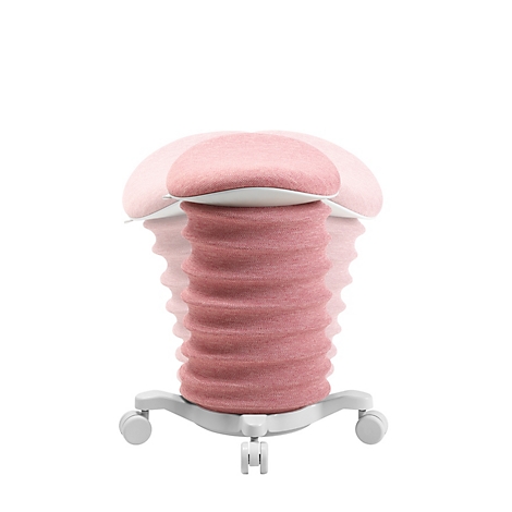 Rode ergonomische bureaustoel, in hoogte verstelbaar. De stoel heeft een ronde zitting, een spiraalvormige kolom en een frame met wielen.