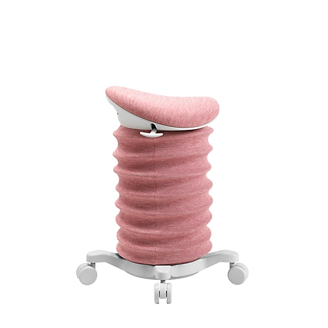 Een ergonomische roze bureaustoel met wielen, golvende zitting en rugleuning.