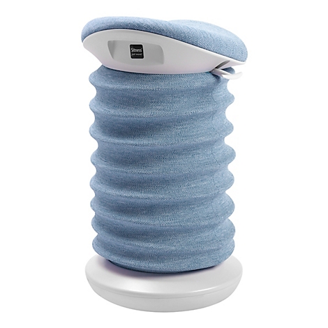 Blauwe, geribbelde kruk met witte basis en zitting. Er is een USB-poort op de zitting.