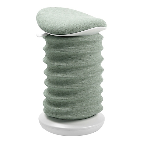 Een krukachtig object in groen- en wittinten. De kruk heeft een rond zitvlak, een geribbelde romp en een ronde basis.