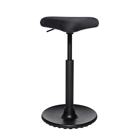 Black standing stool with saddle seat, adjustable height. Metal frame on a round foot.