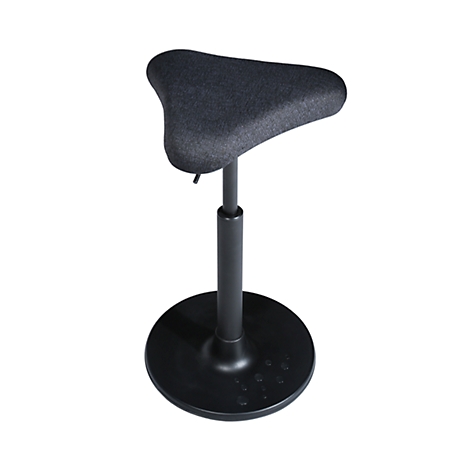 A three-legged standing stool with a black, height-adjustable frame and a padded, gray seat. The stool is on a white background.