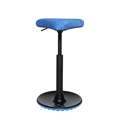 Standing stool with blue fabric seat, black column and wide foot. The stool is height adjustable.