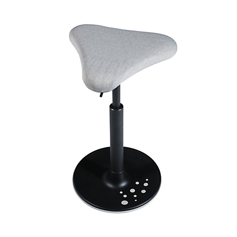 Three-legged, height-adjustable standing stool with gray, triangular seat and black frame.
