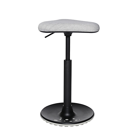 Standing aid with gray, triangular seat. Black, height-adjustable column and round, black foot.