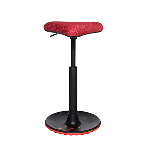 Three-legged standing stool with red seat and black frame, against a white background.
