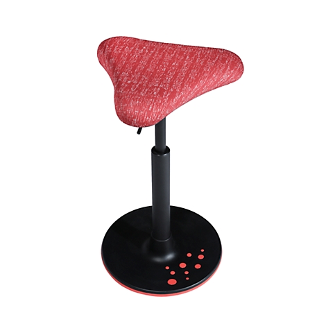 Three-legged standing stool in red and black. The seat is triangular and padded, the stem and base are black.