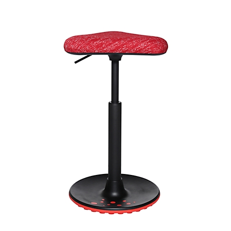 Standing stool with red, textured seat and black frame. The stool is height-adjustable.