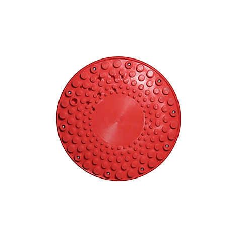 Red, round swivel disc with studs and metal balls on a white background.