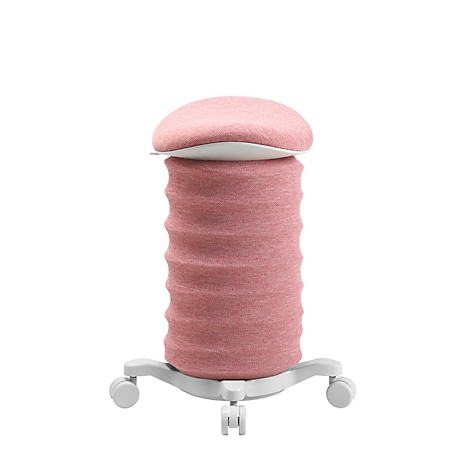 Tabouret avec assise rose et revêtement en tissu, sur fond blanc. Le tabouret est équipé de roulettes et est réglable en hauteur.