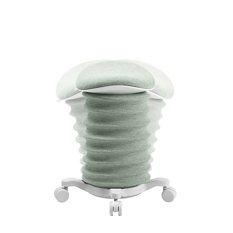 Tabouret de bureau vert devant un fond blanc, en légère rotation.