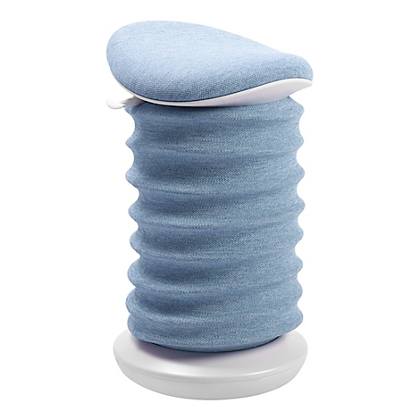 Siège cylindrique bleu clair avec tissu côtelé, dessus blanc et base ronde, sur fond blanc.