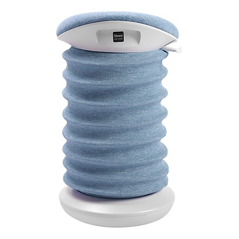 Coussin cylindrique bleu clair sur une base blanche, surmonté d'un coussin bleu clair.