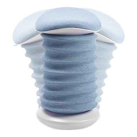 Tabouret bleu et blanc avec une structure en forme de vague. Le tabouret semble bouger car il est représenté plusieurs fois.