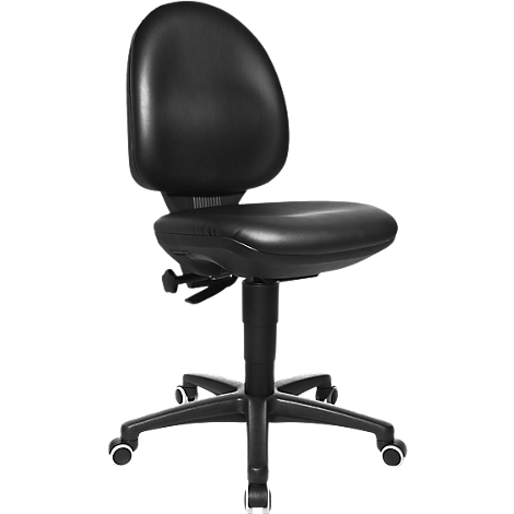 Black office chair with backrest and seat. It has castors and is height-adjustable.