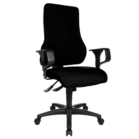Black office chair with high back, armrests and castors.