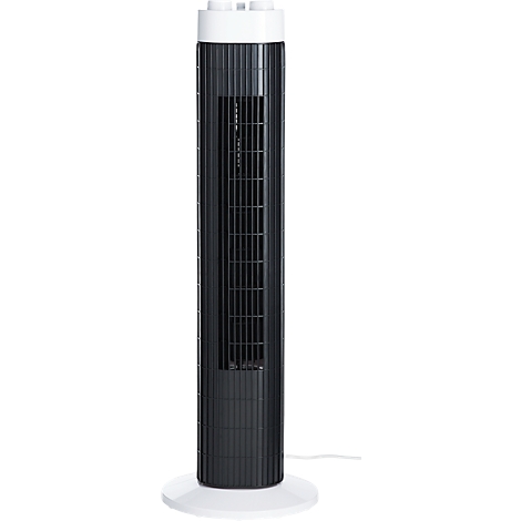 Een slanke, zwarte torenventilator met een witte basis en bovenkant. De ventilator heeft een rooster aan de voorkant en staat op een witte basis.