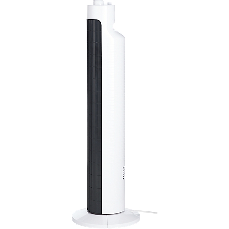 Witte torenventilator met zwart rooster op een witte voet.
