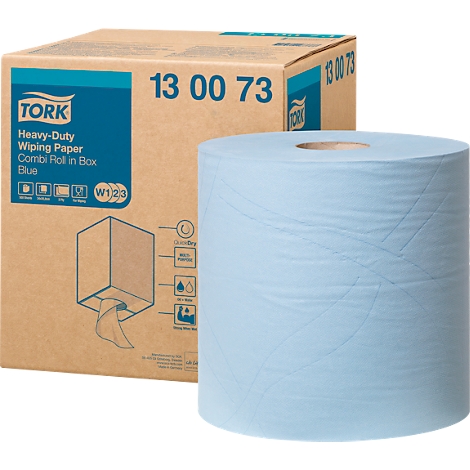 Tork Heavy-Duty Wischtuchrolle in blauem Papier vor einem braunen Kartonspender.