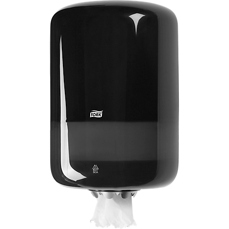 Zwarte Tork papieren handdoekdispenser met handdoeken. Het Tork-logo is zichtbaar.