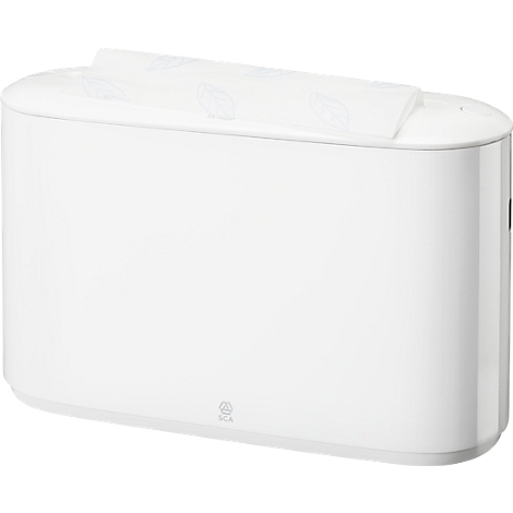 Witte papieren handdoekdispenser met afgeronde randen, papieren handdoeken met bladerenpatroon bovenop.