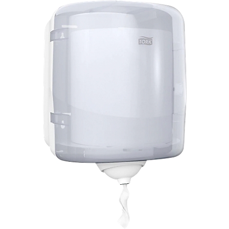 Distributeur d'essuie-mains en papier Tork blanc avec extraction de papier.