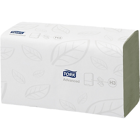 Paquet de papier essuie-mains Tork Advanced blanc avec motif de feuilles, bord gris et logo.