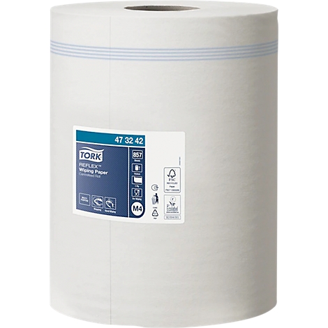 Rouleau de papier blanc de Tork, rayé bleu, avec étiquette de produit.
