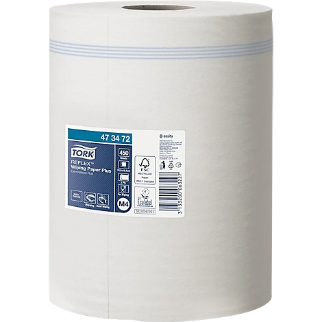 Rouleau d'essuie-tout blanc avec autocollants. Rayures bleues autour du rouleau, texte avec informations sur le produit.