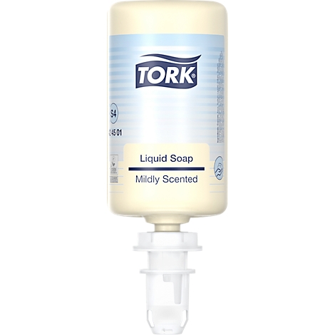 Seifenspender von Tork. Weiß-beigefarbene Flasche mit Aufschrift 'Liquid Soap' und 'Mildly Scented'.