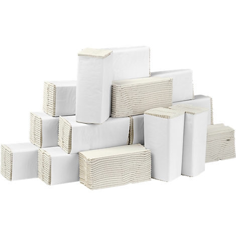 Stack of white paper towels. Some towels are folded, others in rectangular, closed packages.