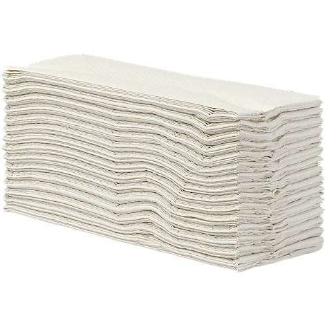 A stack of white, folded paper napkins. The napkins are neatly and neatly stacked.