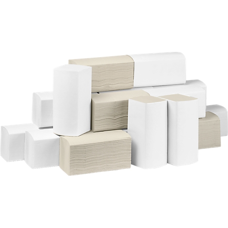 Stack of white and beige paper towels in various shapes, arranged against a white background.