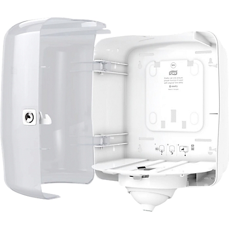 Witte Tork handdoekdispenser met open deur. De binnenkant toont de beugels en de binnenkant van de dispenser.