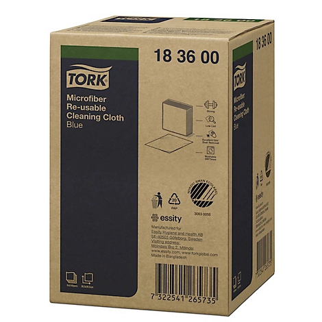 Cardboard box of Tork blue microfiber cloths, product name and barcode clearly visible.