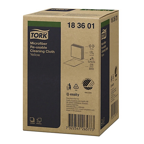 A cardboard box of yellow microfiber cloths. Prints show logo, product name and features.