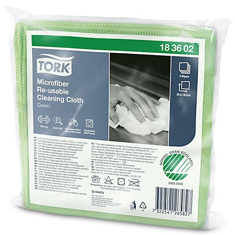 Green microfiber cloth in plastic bag. Print with manufacturer logo and product information.