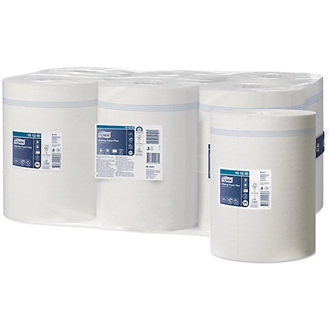 A pack of paper towel rolls in foil. Labels with product information can be seen on the rolls.