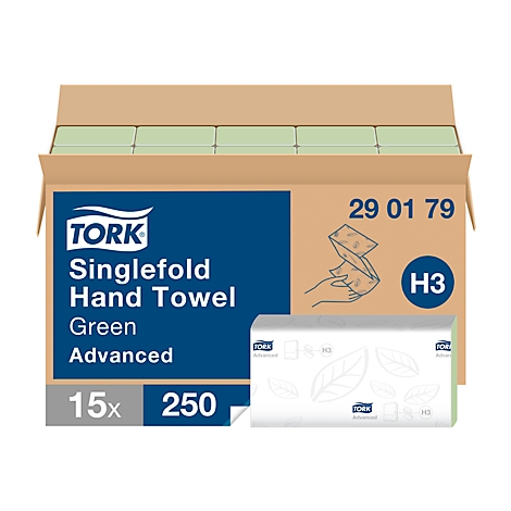 A box of green Tork singlefold hand towels. Printing: 'Green Advanced' and '15x250'.