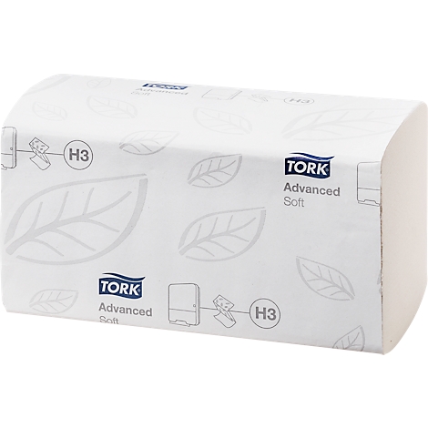 Weißes Papiertuchpaket mit Logo von Tork Advanced Soft und Blättern, H3 Symbol.