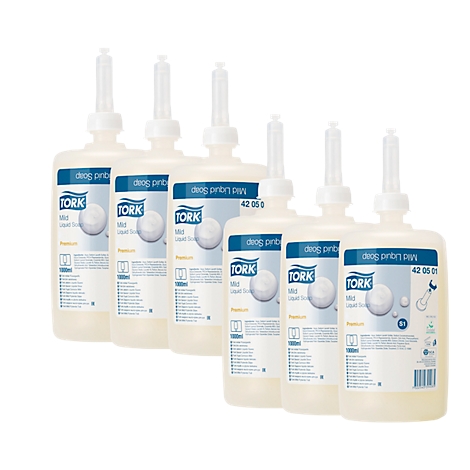 Six Tork liquid soap bottles, lined up side by side. Inscription: 'Mild Liquid Soap'.