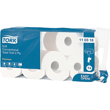 Package of Tork toilet paper. Blue wrapping with white rolls. Text: Soft, Conventional, Toilet Roll 3 Ply, Premium, 11 03 16, Easy Open!