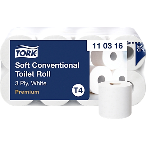Weiße Toilettenpapierrollen mit blauem Label, Aufschrift TORK und Produktinformationen.