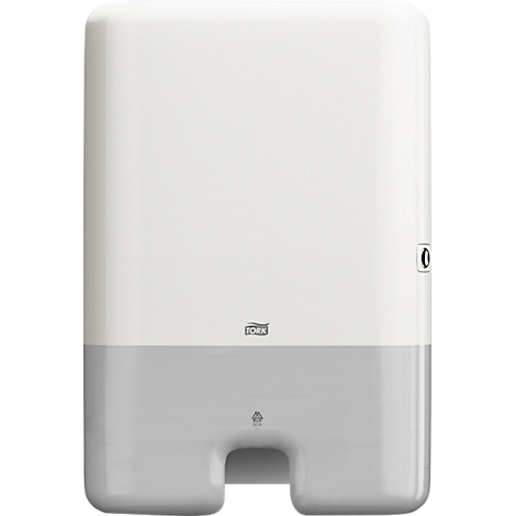 White and grey paper towel dispenser with Tork logo. An opening at the bottom.