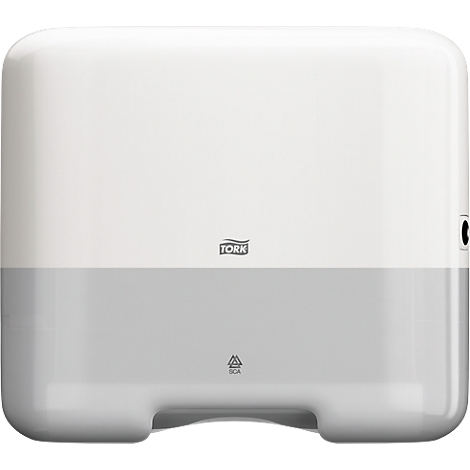White and gray Tork paper towel dispenser. Rectangular, rounded corners, Tork logo.