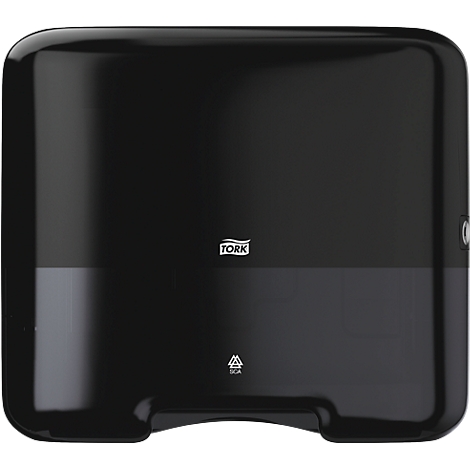 Black Tork paper towel dispenser with Tork logo. Recycling symbols below logo.