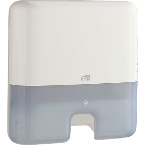 White and gray Tork paper towel dispenser. Rectangular with rounded edges. Transparent lower part.